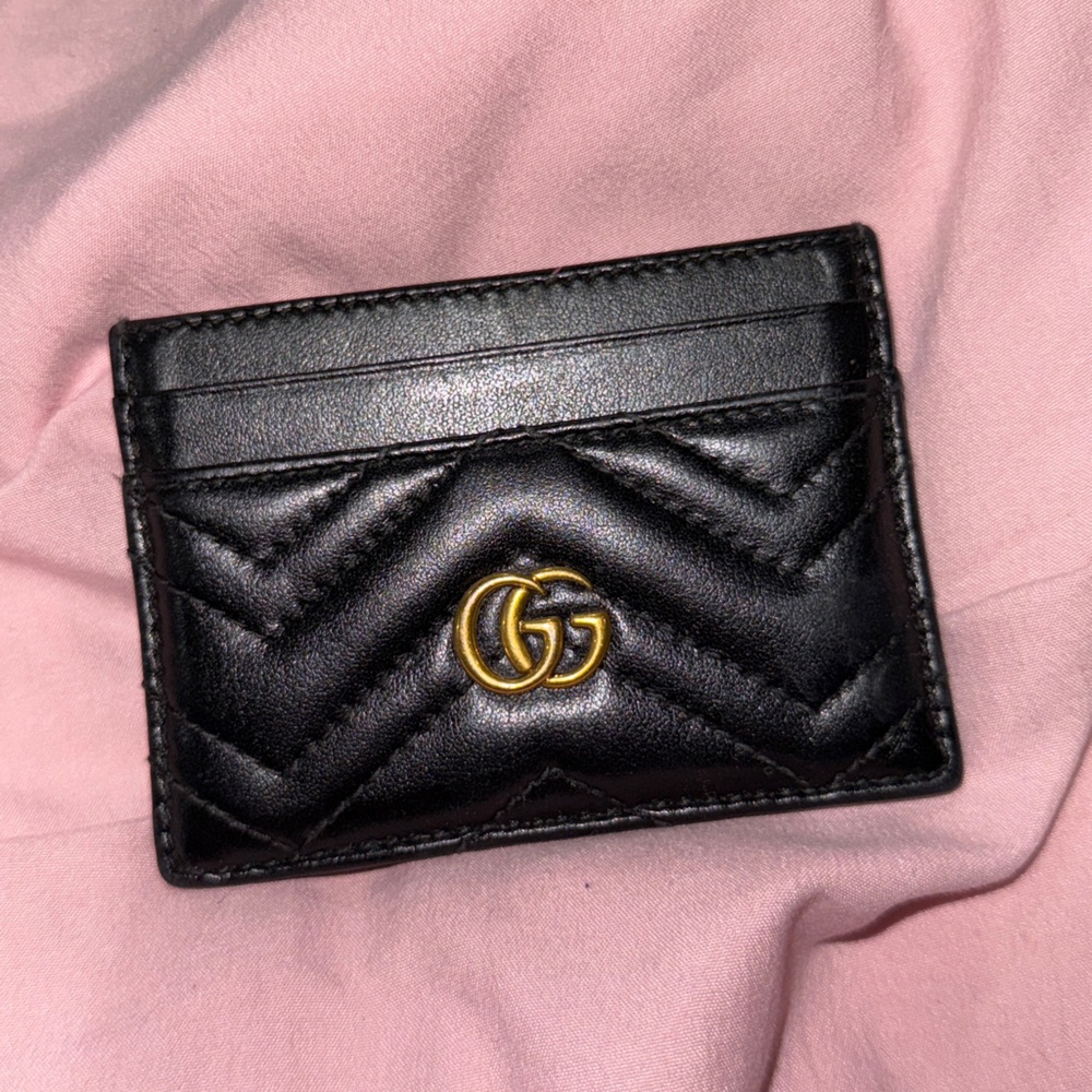 Gucci Black Quilted Leather Card Holder with Gold Logo